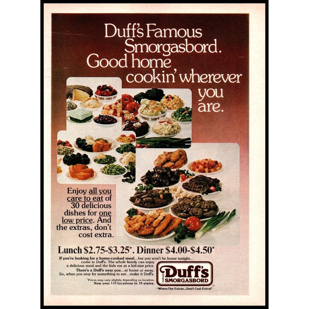 1981 Duff's Smorgasboard Buffet Restaurant Vintage Print Ad 80s Travel Wall Art